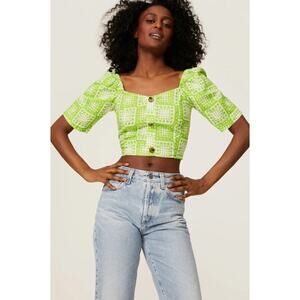 The Odells Julie top Neon Green and white CottageCore Milkmaid puff sleeve S